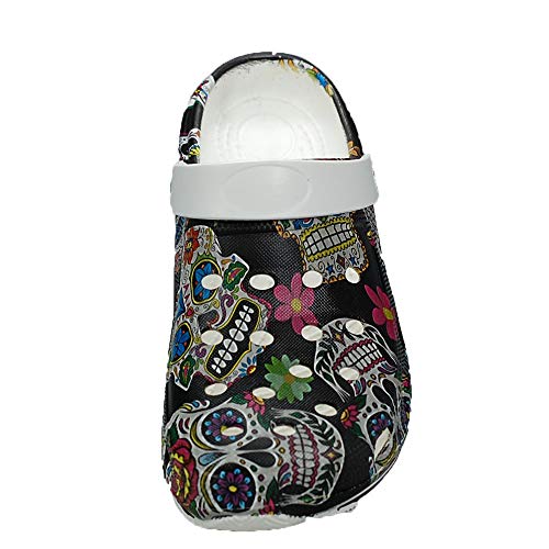 Anyovi Zueco Sanitario Divertido Calavera Negra Serigrafiado,Transpirable,Suela Antideslizante, Muy Ligero 240 Gramos par. - Unisex-Adulto Talla: 41 Color: Multicolor