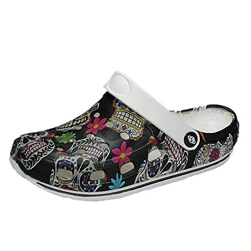 Anyovi Zueco Sanitario Divertido Calavera Negra Serigrafiado,Transpirable,Suela Antideslizante, Muy Ligero 240 Gramos par. - Unisex-Adulto Talla: 41 Color: Multicolor