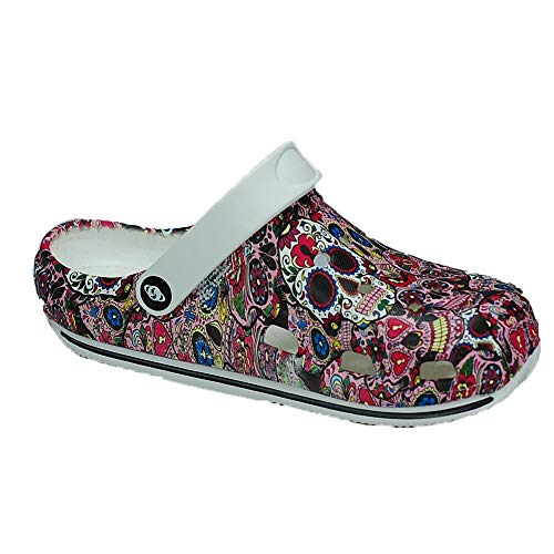 Anyovi Zueco Sanitario Divertido Calavera Rosa Serigrafiado,Transpirable,Suela Antideslizante, Muy Ligero 240 Gramos par. - Unisex-Adulto Talla: 40 Color: Multicolor