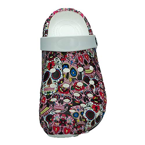 Anyovi Zueco Sanitario Divertido Calavera Rosa Serigrafiado,Transpirable,Suela Antideslizante, Muy Ligero 240 Gramos par. - Unisex-Adulto Talla: 40 Color: Multicolor