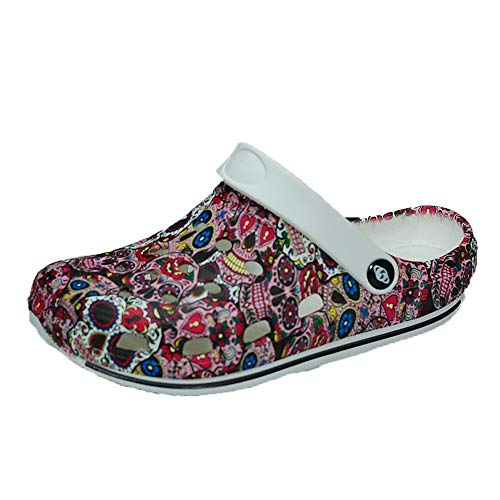 Anyovi Zueco Sanitario Divertido Calavera Rosa Serigrafiado,Transpirable,Suela Antideslizante, Muy Ligero 240 Gramos par. - Unisex-Adulto Talla: 40 Color: Multicolor