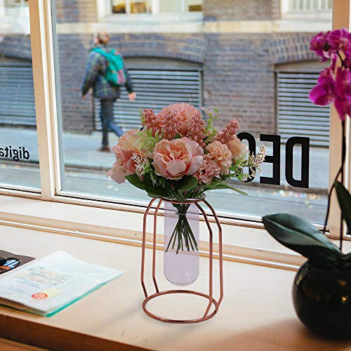 ANZOME - Ramo de Flores Artificiales de Seda Realista, decoración de peonías Falsas con florero, Flores de Seda Falsas en jarrón para decoración de Bodas, decoración (Rosado y jarrón Incluido)