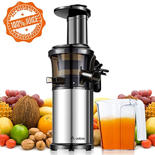 Aobosi Slow Juicer Licuadora para Fruta y Verdura de Prensado en Frio Extractor de Jugos para Fruta Entera con Baja Velocidad de 45RPM Tapa Antigoteo Sin BPA Incluye Frascos y Cepillo