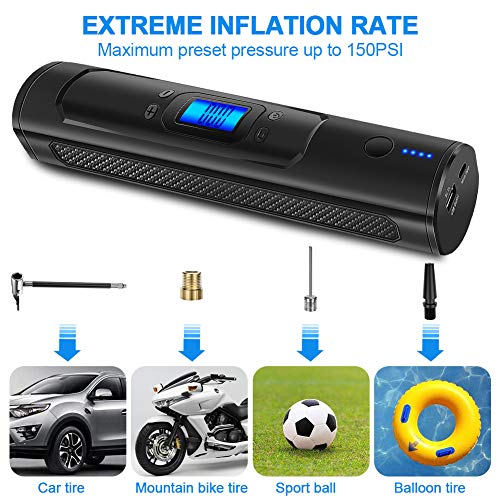 AOKBON Compresor de Aire Inteligente Inflador 150 PSI Inalámbrico Portátil Eléctrico Mini Bomba 15L/min para Todo Tipo de Bicicleta Multifuncional Coche Moto Automóvil Pelotas con Linterna LED
