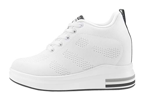 AONEGOLD® Zapatillas de Deporte Transpirables Zapatillas de Cuña para Mujer Alta Talón Plataforma 8cm Sneakers(Blanco,37 EU)