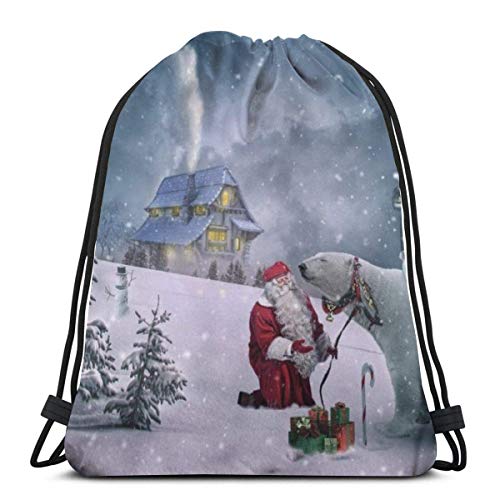 AOOEDM Navidad Santa Claus Oso Polar nieve personalizada mochila con cordón bolsa deporte gimnasio mochila para hombres y mujeres viajes al aire libre
