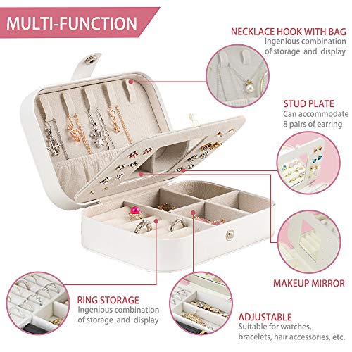 APERIL Caja Joyero Pequeña de PU, Joyero de Viaje Portátil, Joyero Viaje Cajas para Joyas Jewelry Organizer para Mujer para Anillos, Collares, Pulseras, Pendientes para Mujer (White)