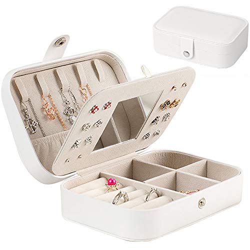 APERIL Caja Joyero Pequeña de PU, Joyero de Viaje Portátil, Joyero Viaje Cajas para Joyas Jewelry Organizer para Mujer para Anillos, Collares, Pulseras, Pendientes para Mujer (White)