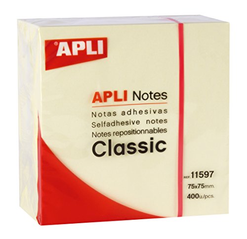 APLI 11597 - Notas adhesivas CLASSIC 75 x 75 mm cubo de 400 hojas color amarillo