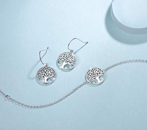 Árbol de la Vida Pendiente Aretes para Mujer de Plata de Ley 925 Chapada Oro Blanco