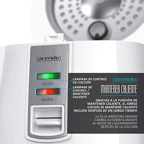 arendo - Arrocera vaporera - Función de cocción al Vapor - Capacidad de 1,4 L - con Olla Interior Antiadherente extraíble Tapa Vaso medidor Espumadera Accesorio para cocer al Vapor - 540 W