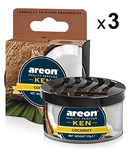 AREON Ken Ambientador Coche Coco Olor Tropical Dulce Fruit Hogar Aire Lata Debajo Asiento Marrón 3D (Pack de 3)
