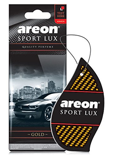 Areon Sport Lux Gold Ambientador Aire Coche Cartón Colgante Espejo Retrovisor 2D Artilugio Decoración de Interiores Forma de Gota Negra Casa Oficina Aromas Paquete Múltiple (Oro Conjunto de 10)