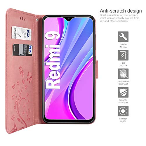 AROYI Funda Xiaomi Redmi 9 & Protector de Pantalla, Relieve Dibujo Carcasa de Tipo Libro Soporte Plegable Ranuras para Tarjetas Magnético Ultra-Delgado Carcasa Case para Xiaomi Redmi 9 (Rosado)