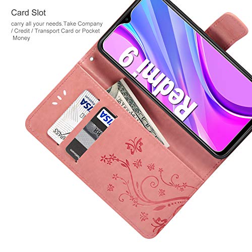 AROYI Funda Xiaomi Redmi 9 & Protector de Pantalla, Relieve Dibujo Carcasa de Tipo Libro Soporte Plegable Ranuras para Tarjetas Magnético Ultra-Delgado Carcasa Case para Xiaomi Redmi 9 (Rosado)