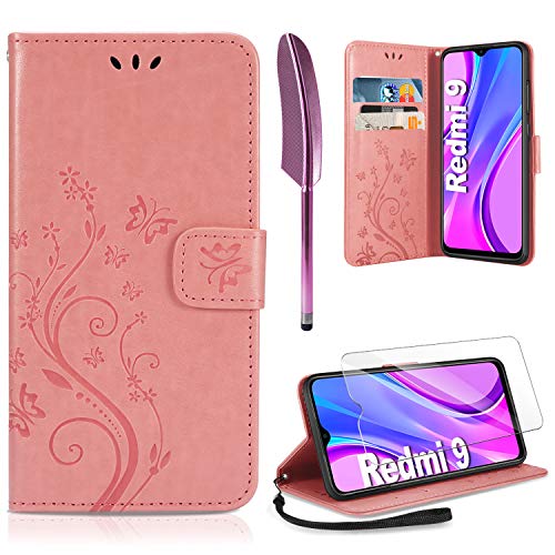 AROYI Funda Xiaomi Redmi 9 & Protector de Pantalla, Relieve Dibujo Carcasa de Tipo Libro Soporte Plegable Ranuras para Tarjetas Magnético Ultra-Delgado Carcasa Case para Xiaomi Redmi 9 (Rosado)