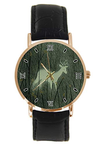 Art Design Sketch - Reloj de Pulsera Unisex analógico de Cuarzo, Correa de Piel, diseño de Ciervo y Hierba