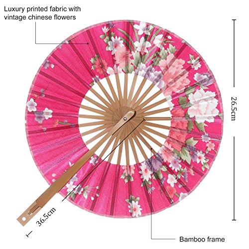 ArtiDeco 4pcs Vintage Japonés Estilo Floral Plegable Mano Ventilador de Seda Plegable con Diferentes Patrones Abanico Plegable para Decoración de Boda o Fiesta, Round