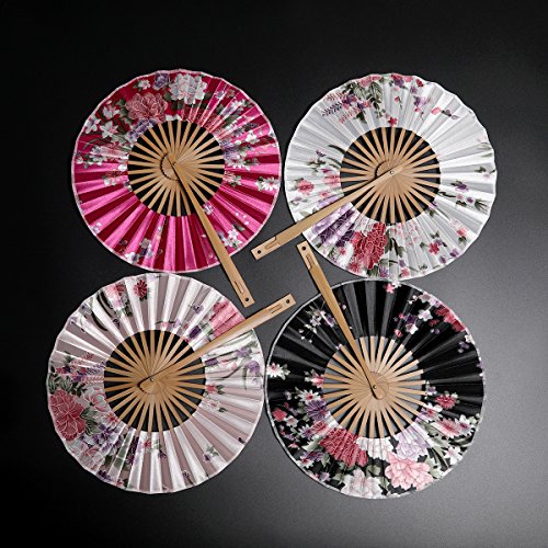 ArtiDeco 4pcs Vintage Japonés Estilo Floral Plegable Mano Ventilador de Seda Plegable con Diferentes Patrones Abanico Plegable para Decoración de Boda o Fiesta, Round