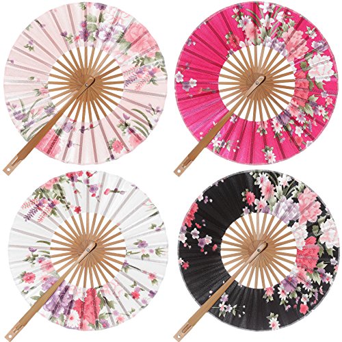 ArtiDeco 4pcs Vintage Japonés Estilo Floral Plegable Mano Ventilador de Seda Plegable con Diferentes Patrones Abanico Plegable para Decoración de Boda o Fiesta, Round