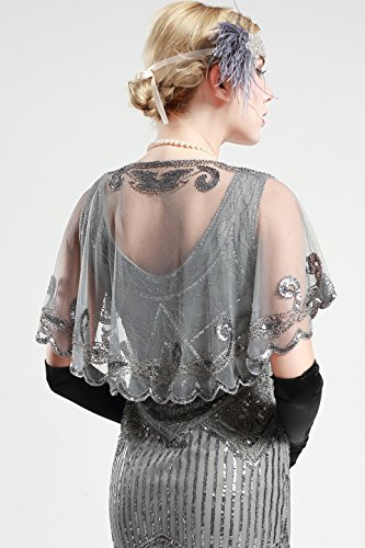 ArtiDeco - Chal de los años 20 para vestidos de noche, estola para bodas, mantón para fiestas o disfraces gris Talla única
