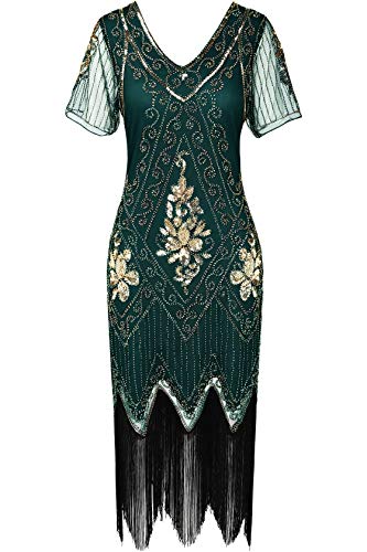 ArtiDeco - Vestido de mujer estilo años 20 con mangas cortas, disfraz de Gatsby para fiestas temáticas verde oscuro XS