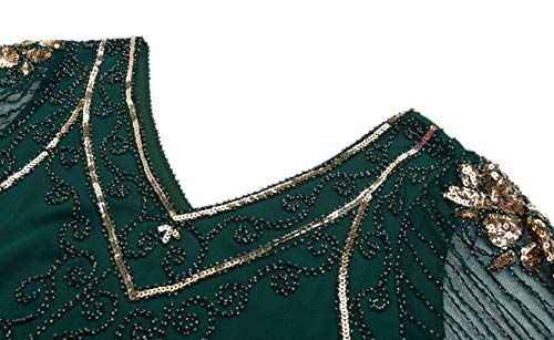 ArtiDeco - Vestido de mujer estilo años 20 con mangas cortas, disfraz de Gatsby para fiestas temáticas verde oscuro XS