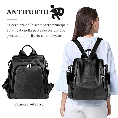 ARZOPA Mochila de Cuero Real para Mujer Casual Multifuncionales Bolsa de Viaje, Bolso Antirrobo Bandolera de Piel Real Moda de Hombro Ideal para la Escuela, Daily leisure, Viaje (Negro)