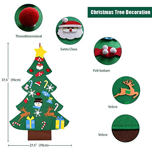 ASANMU Árbol de Navidad de Fieltro, Árbol de Navidad Artificial de Fieltro 3 Pies 26 Pcs de Adornos Desmontables DIY Adornos Navideñas Decoración Regalo para Niños Pared de Puerta Decoración Colgante