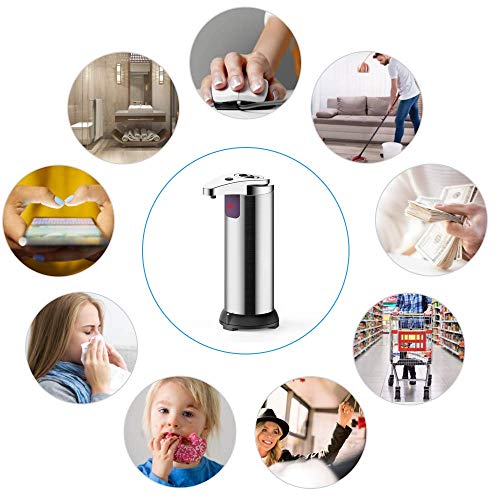 ASANMU Dispensador de Jabón Automático, 250ml Dispensador Jabón con Acero Inoxidable con detección de Infrarrojos Dispensador de Líquido con Base Impermeable para Baño, Cocinas, Hotel, Restaurante