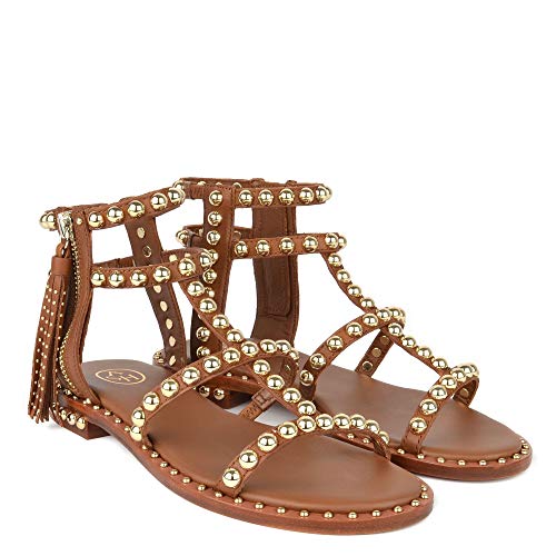 Ash Footwear Power Sandalias Planas, Sandalias de Cuero Marron, Sandalias con Tachuelas en Dorado, Sandalias de Mujer 38 Marron