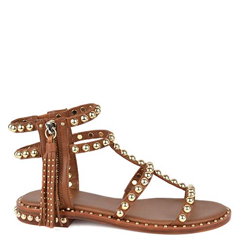 Ash Footwear Power Sandalias Planas, Sandalias de Cuero Marron, Sandalias con Tachuelas en Dorado, Sandalias de Mujer 38 Marron