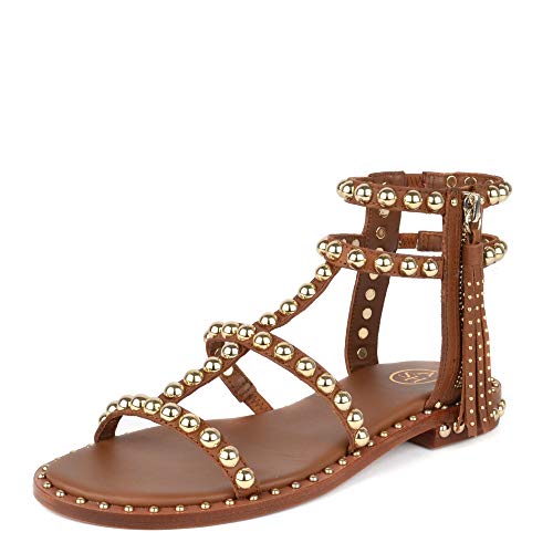 Ash Footwear Power Sandalias Planas, Sandalias de Cuero Marron, Sandalias con Tachuelas en Dorado, Sandalias de Mujer 38 Marron