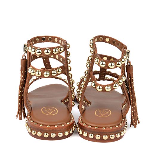 Ash Footwear Power Sandalias Planas, Sandalias de Cuero Marron, Sandalias con Tachuelas en Dorado, Sandalias de Mujer 38 Marron
