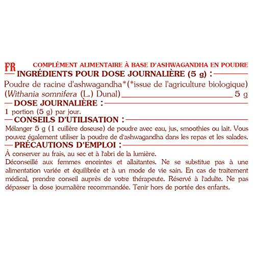 ASHWAGANDHA ECOLÓGICA EN POLVO * 50 raciones / 250 g * Planta adaptógena * Referencia en medicina Ayurveda * Propiedades afrodisiacas, estimulantes y rejuvenecedoras* Fabricado en Francia