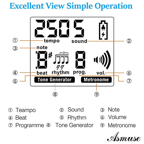 Asmuse Metrónomo Digital Musical y Recargable E Metronome Tone Generator Tempo Beats Memory Tap para Piano, Bajo, Batería, Violín y otros instrumentos
