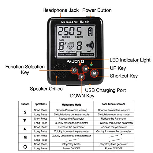 Asmuse Metrónomo Digital Musical y Recargable E Metronome Tone Generator Tempo Beats Memory Tap para Piano, Bajo, Batería, Violín y otros instrumentos