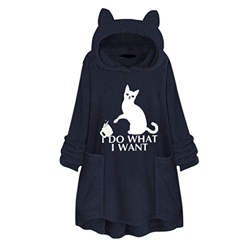 Auifor Cartas Bordadas de Lana para Mujer Orejas de Gato Sudadera con Capucha de Talla Grande Suéter con Bolsillo Superior Sudadera con Capucha(Marina/XXXXX-Large)