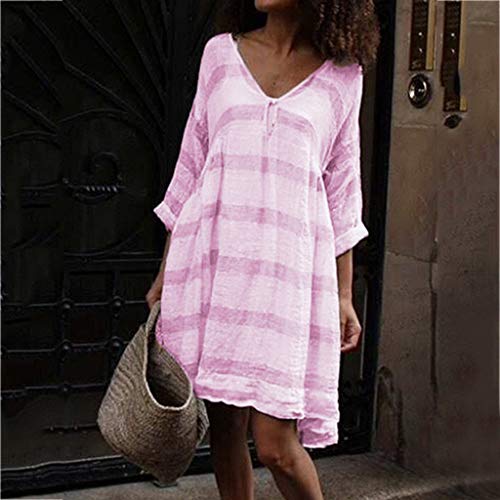 Auifor De Vestir de Manga Larga Rayada Ocasional de Las Mujeres Mini Vestido del Cuello V(Rosa/XX-Large)