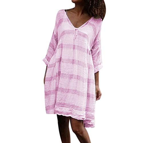 Auifor De Vestir de Manga Larga Rayada Ocasional de Las Mujeres Mini Vestido del Cuello V(Rosa/XX-Large)