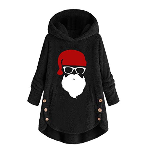 Auifor Dobladillo de Leopardo de Lana para Mujer Dobladillo con Botones Talla Grande Sudadera con Capucha Blusa Camisa de Felpa suéter(A-Negro/XXX-Large)