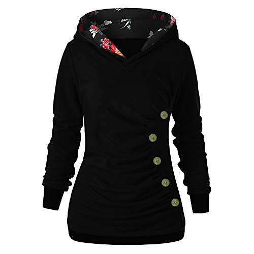Auifor Sudadera con Capucha de Manga Larga para Mujer, Sudadera con Capucha Abotonada, Sudadera de otoño(Negro/Large)