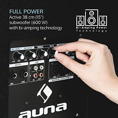 Auna Sub 15A - Subwoofer PA Activo, 600 W de Potencia de Salida, 15" (38 cm), 8 ohmnios, Tecnología Bi-Amping, Efecto Eco, Carcasa MDF con Funda, Conexión de Brida Integrado, Negro