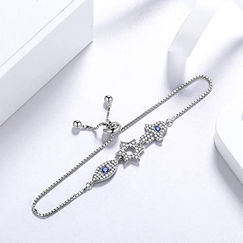Aurora Tears - Pulsera de mano de Fátima de plata de ley 925 azul con colgante de ojo de David con estrella de seis puntos, joya para mujer DB0110W