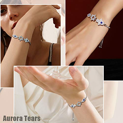 Aurora Tears - Pulsera de mano de Fátima de plata de ley 925 azul con colgante de ojo de David con estrella de seis puntos, joya para mujer DB0110W