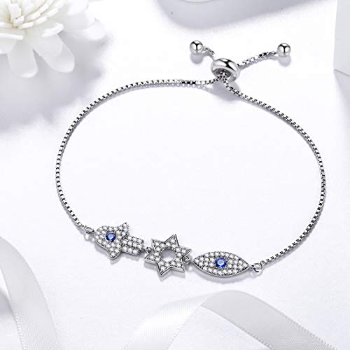 Aurora Tears - Pulsera de mano de Fátima de plata de ley 925 azul con colgante de ojo de David con estrella de seis puntos, joya para mujer DB0110W