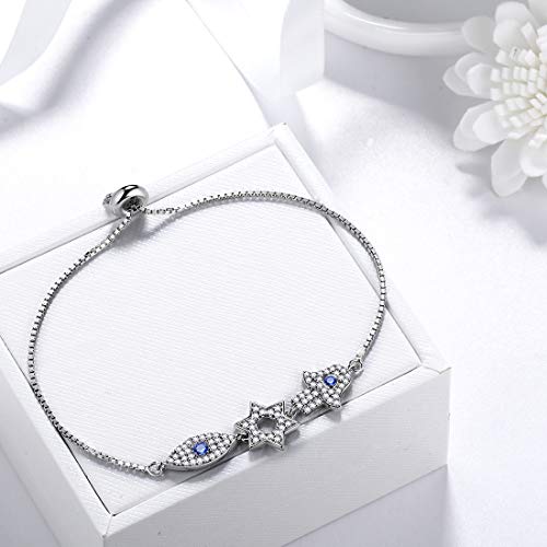 Aurora Tears - Pulsera de mano de Fátima de plata de ley 925 azul con colgante de ojo de David con estrella de seis puntos, joya para mujer DB0110W