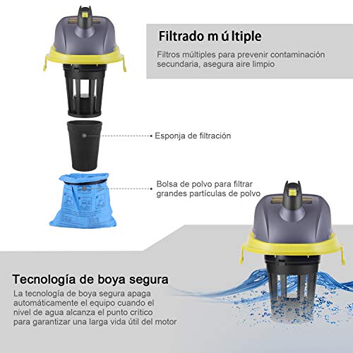 AUTLEAD Aspirador Seco-Húmedo, 1000W 12L Compacto Aspiradora Hogar con 2 boquillas, silenciador, compacta, manejable y con Ahorro de energía, para Uso en el hogar o vehículos -WDH2A