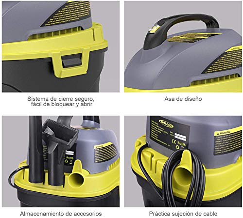 AUTLEAD Aspirador Seco-Húmedo, 1000W 12L Compacto Aspiradora Hogar con 2 boquillas, silenciador, compacta, manejable y con Ahorro de energía, para Uso en el hogar o vehículos -WDH2A