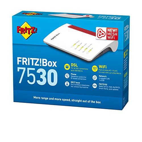 AVM Fritz!Box 7530 International - Modem Router, WiFi AC, Banda Dual (866 Mbps 5 GHz y 400 Mbps 2,4 GHz), Mesh, VDSL, ADSL2+, 4 x LAN Gigabit, 1 x USB 3.0, Interfaz en Español